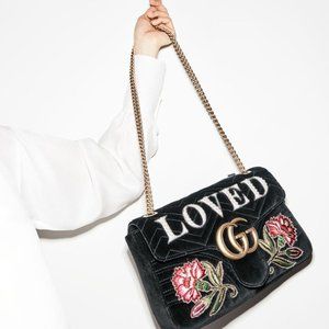 Gucci Black Love Embroidered Matelassé Velvet Medium GG Marmont Shoulder Bag